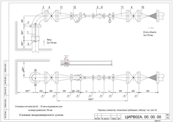 Водомерный узел I-150 ЦИРВ 02А.00.00.00 лист 62, 63 I-150 ЦИРВ 02А.00.00.00 лист 62, 63